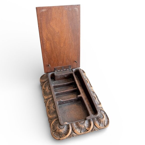 1936 Syroco Wood Brass Carved Desk Organizer Very Heavy - Picture 3 of 17